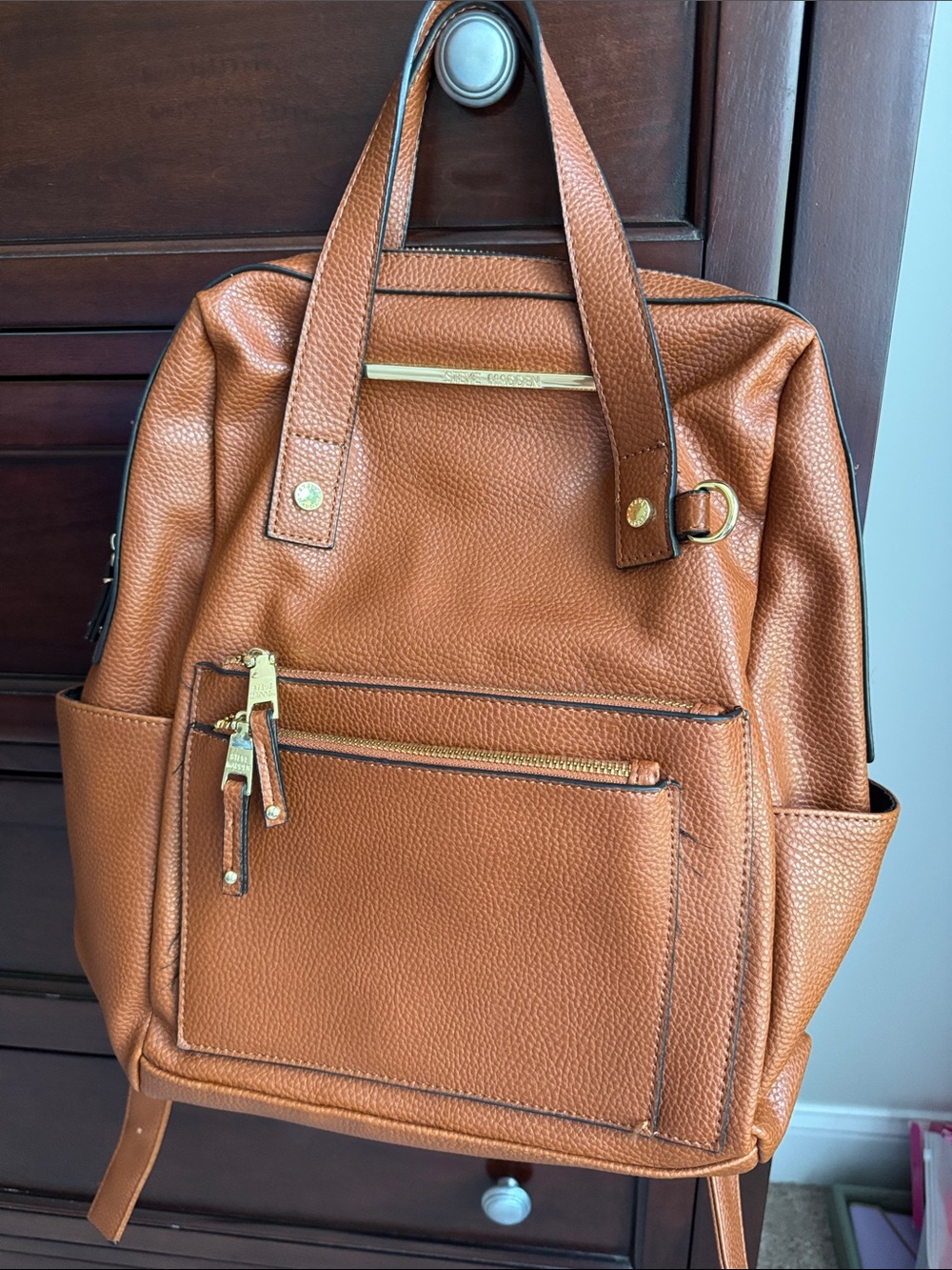 Steve Madden Cognac Pebbled Leather Backpack with Gold Accents
